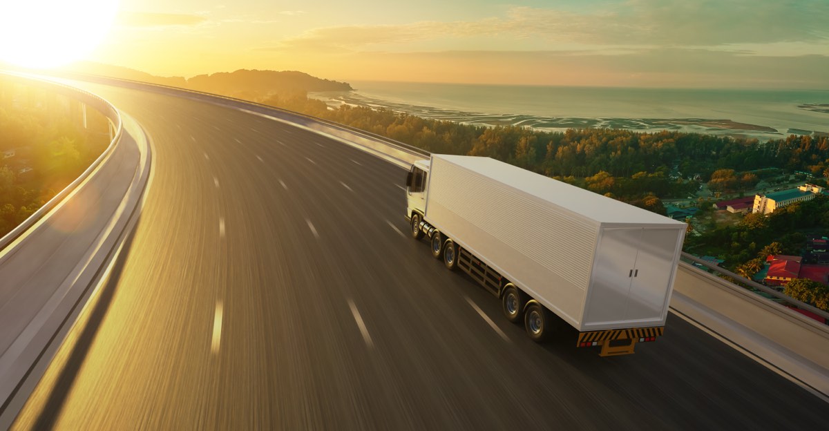 Last-mile delivery trucks in an urban logistics hub