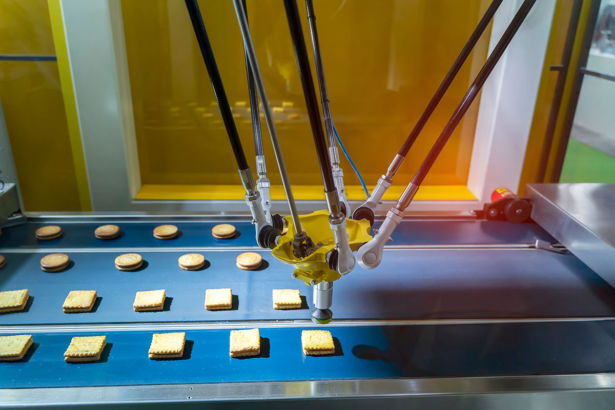 A delta picking robot with a yellow gripper hovers over rows of biscuits moving along a blue conveyor in a food factory